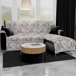 PETTI Artigiani Italiani - Ecksofa, Sofabezug mit Halbinsel, Sofabezug für 4-Sitzer mit Insel rechts, Sofabezug mit Chaiselongue, graue Blumen, 100% Made in Italy