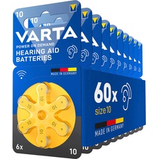 VARTA Hörgerätebatterien Typ 10 gelb, Batterien 60 Stück Vorratspack, Power on Demand, wireless approved, Größe p 10 für Hörgeräte & Hörhilfen, Made in Germany [Exklusiv bei Amazon]