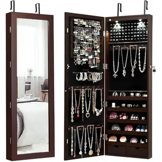 Schmuckschrank hängend, 2 in 1 Spiegelschrank mit LED Leuchten & 2 Schubladen, Hängeschrank abschließbar, Wandschrank Schmuck Organizer zur Wand-/Türmontage (Braun) - Braun