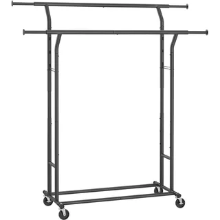 SONGMICS Kleiderständer auf Rollen, Garderobenständer aus Metall, Garderobenstange, Kleiderstange ausziehbar, höhenverstellbar, tintenschwarz HSR012B01