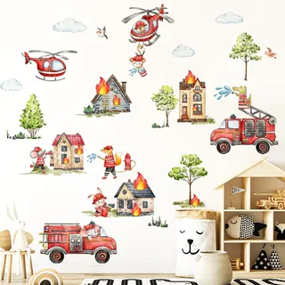 Silkwish Wandtattoo Feuerwehr, Feuerwehrauto Wandaufkleber, Selbstklebend Feuerwehr Wandtattoo Kinderzimmer Tiere Wolken Baum, Deko für Babyzimmer