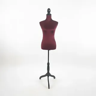 Relaxdays Schneiderpuppe, weiblich, Größe 36/38, verstellbar 130–167 cm, Samt, Holzständer, Nähpuppe, Bordeaux/schwarz