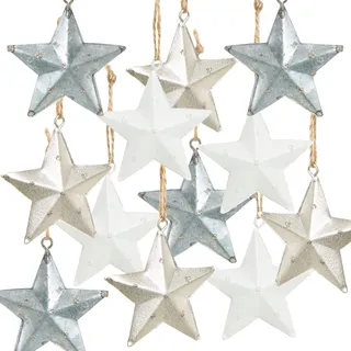 12 Sterne-Anhänger aus Metall 5 cm – in Silber, weiß & grau – Weihnachtsbaumanhänger & Festliche Deko zum Aufhängen – Logbuch-Verlag