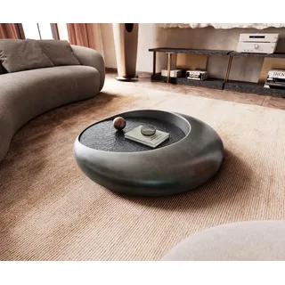 DELIFE Couchtisch Blaise 100x100 cm Metallic Silber mit Reliefglas Grau - Grau, Silber