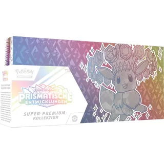 Pokémon Super-Premium-Kollektion Karmesin & Purpur – Prismatische Entwicklungen (1 holografische Vollbild-Promokarte, 1 Flauschige Evoli-Deckbox & 15 Boosterpacks)