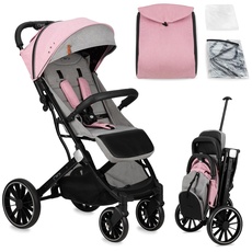 Bild ESTELLE DAKAR Kinderwagen ab 6. Monat (bis 22 kg), klappbarer Buggy mit 5-Punkt-Sicherheitsgurt, Einkaufskorb und Liegefunktion, Teleskop-Stange zum Ziehen, steht nach dem Zusammenklappen Rosa