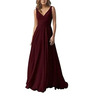 yhfshop Elegant Party Cocktailkleid,Kleid aus Chiffon mit doppelter Schulter und V-Ausschnitt, A-Linien-Partykleid-Red Wine_34,Damen Brautjungfernkleider