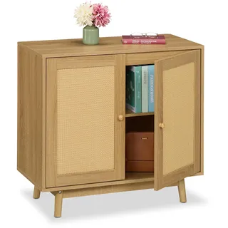 Relaxdays Sideboard, 2 Fächer, Rattan- & Holzoptik, HxBxT: 75 x 80 x 40 cm, Wohnzimmer, Küche, Beistellschrank, natur