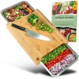 naturlik Schneidebrett XL mit magnetischen Auffangschalen - Hochwertiger Bambus - Schneidebrett mit Auffangschale - Schneidebrett Holz - Holzbrett Küche - Praktische Küchenhilfe - inkl. E-Book