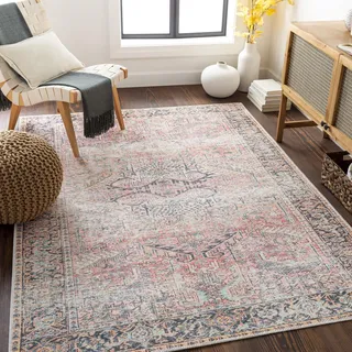 Surya Rotterdam Teppich waschbar in der Waschmaschine - Vintage Teppich waschbar für Wohnzimmer 200x274 cm, Schlafzimmer, Küche - Orientalischer Boho Style Teppiche, Teppich Groß in Rosa, Blau, Beige
