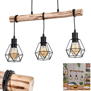 HOFSTEIN Hängeleuchte Yaak, Pendelleuchte aus Metall/Holz in Schwarz/Natur, Hängelampe im Retro-Design mit Schirmen in Gitter-Optik und Holzstab, max. 141,5 cm, 3 x E27, Wohnzimmer, Esszimmer, Küche