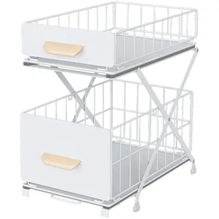 KEBMCHN 2 Etagen Gewürzaufbewahrung, Schubladen unter dem Waschbecken, Weiß | Metall Gewürzregal, Anhebbares Schrank Organizer küche, Putzmittel Organizer, Höhenverstellbar, 40 * 26 * 43CM,1 Stück