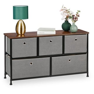 Relaxdays Kommode HxBxT: 54,5 x 100 x 30 cm, Sideboard Stoff & Stahl, 5 Schubladen, Industrial Flurkommode, grau/braun