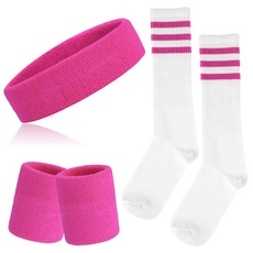 ONUPGO 5-teiliges gestreiftes Schweißband und Socken-Set, gestreiftes Stirnband, Schweißbänder, gestreifte hohe Socken für Männer, Frauen, Sport und 80er-Party (Pink/White/Pink)