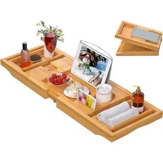 Artmalle Badewannenablage für die Badewanne, faltbares Bambus-Badetisch-Tablett mit Buch und Weinglashalter, kostenlose Seifenschale, geeignet für Luxus-Spa oder Lesen, natürlich