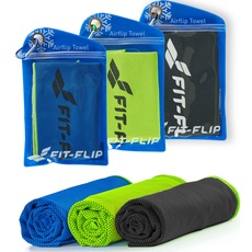 Fit-Flip Kühlhandtuch 3er Set - cooling towel und mikrofaser Kühltuch - kühlendes Handtuch - Airflip towel für Fitness und Sport - Ice towel (schwarz-grün/grün/dunkel blau-grün, 100x30cm)