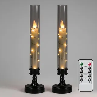 Eldnacele Flammenlose Stabkerzen mit Fernbedienung & Timer, 2 Stück schwarze LED Kerzen mit Stern-Lichterkette, batteriebetrieben mit Sockel für Halloween & Hochzeit Deko (5,5 x 25 cm)