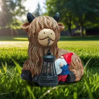 lifemet Solar Hochlandkuh Gartenfigur mit Laterne, Lustige Gartendeko
