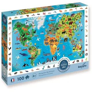 Calypto 3907504 Tierweltkarte, 100 Teile XL-Puzzle mit Soft-Touch, Kinderpuzzle mit samtiger Oberfläche inkl. Suchspiel und Puzzleposter, für Kinder ab 6 Jahren, Weltkarte, Nachauflage