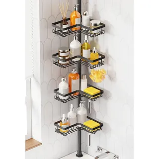 KEGII Teleskop Duschregal - 4 Stück Duschablage Ohne Bohren Ecke, Schwarz | Teleskopregal Eckregal, für Bad und Badewanne, Einfache Montage, Höhenverstellbar, Mit Haken/Seifenhalter/Rasiererhalter
