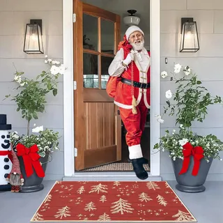 Garvee rutschfeste & waschbare Weihnachts-Türmatte – Festliches Tannenbaum-Motiv auf rotem Hintergrund – Für Innen- und Außenbereich, Eingang, Küche, Bad – 100% Polyester, Jute-Gummi-Rückseite –