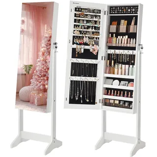 SONGMICS Schmuckschrank, Spiegelschrank stehend, mit 2 separaten Make-up Organizern, rahmenloser Ganzkörperspiegel, abschließbar, für Ketten, Ohrringe, Schminke, weiß JJC002W01