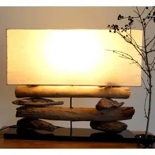 GURU SHOP Tischlampe/Tischleuchte, Handgefertigt in Bali, Treibholz, Baumwolle, Unikat - Modell Malacoota, 43x50x17 cm