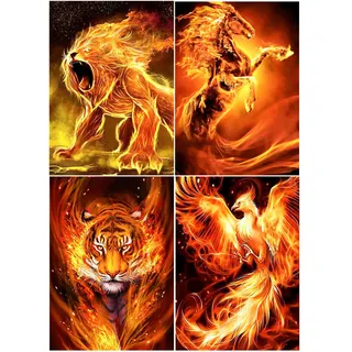 SHEGZHUC Diamond Painting Tiere Flammen 4er Set 30x40cm Diamond Painting Flammen Löwe Pferd Tiger Phönix 5D Diamant Painting Malen nach Zahlen Löwen Pferde Tiger Phönix Feuer Craft Buddy Crystal Art