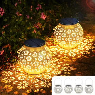 JOYCREATOR Solarlaternen für Außen Wasserdicht 4 Stück, Metall Rund Solar Laternen für Draußen Vintage, LED Solarlampen für Außen Gartendeko Hängend für Outdoor Balkon Patio Hinterhof Geschenke(Weiß)