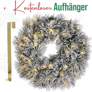 MeisterHome ® Künstlicher Weihnachtskranz Adventskranz für Tür Ø 50 cm - Weihnachtlicher Türkranz für Innen und Außen mit 35 LEDs, Timer und Schnee Dekoration + Goldfarbener Aufhänger - Gold