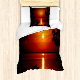 ABAKUHAUS Natur Bettbezug Set für Einzelbetten, Sonnenuntergang-Reflexion auf Meer, Milbensicher Allergiker geeignet mit Kissenbezug, Zinnoberrot Scharlachrot Rot - Rot