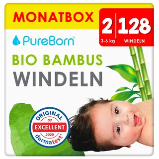 PureBorn 128 Windeln Größe 2 (3-6 kg) – Ultra-Saugfähig, Hypoallergen, Weich & Sanft für Babys (2-4 Monate) – Dermatologisch Getestet, Auslaufsicher, Umweltfreundlich aus Bambus