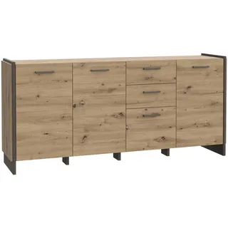 Hom`in Sideboard , Grau, Eiche Artisan , Metall, Holzwerkstoff , 3 Fächer , 2 Schublade(n) Schubladen , 186.5x86.1x41.3 cm , Beimöbel erhältlich , Holzmöbel, Wohnwände Holz, Wohnwand Serien Holz