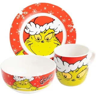 United Labels Grinch 3-teiliges Frühstücksset Merry Grinchmas, Rot, Geschirr Set aus Porzellan mit Teller Ø 19 cm, Tasse 220 ml und Schale 330 ml