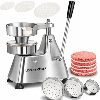 lecon chef Burgerpresse Edelstahl 3 Umwandelbare Formen 100/130/150mm | Manueller Burger Patty Presse, Mit 1200 Patty-Papieren