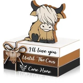 Yookeer 4 Stück Highland Kuh abgestuftes Tablett Dekor Mini Holz Buch Stapel Tischdekorationen Highland Kuh Holzbuch Rustikales Bauernhaus Highland Kuh Tischschild für Zuhause Zimmer Tisch Kaminregal