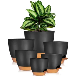 iDattel Kunststoff Blumentopf mit Untersetzer 20.3/17.7/16.5/15.2/14/12.5cm,6er-Set Selbstbewässerung Übertopf Kräutertopf Küche Set, Rund Pflanzkübel für Balkon Sukkulenten Kaktus,Schwarz