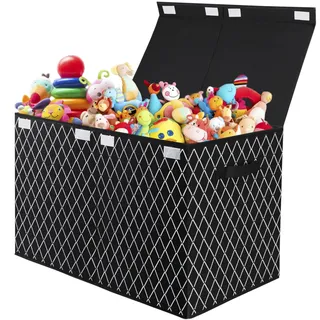 VERONLY Aufbewahrungsbox Spielzeugkiste mit deckel Kinder, 83L Spielzeug Aufbewahrung mit Griffen, Faltbox Korb für Kinderzimmer, Kleidung, Schlafzimmer (Schwarz Karo)