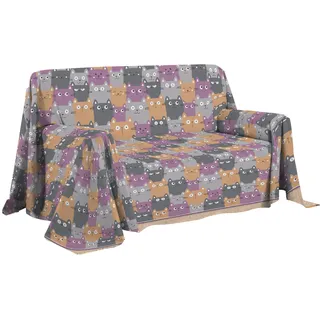 PENSIERI DELICATI Sofaüberwurf 180 x 290 cm, hergestellt in Italien, Überwurf aus 100% Reiner Baumwolle, Motiv Happycat, Orange, ideal als Überwurf oder Tagesdecke für den Sommer (Einzelbett)