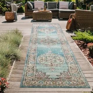 Teppich Orient Teppich Outdoor Wohnzimmerteppich Vintage in blau creme Größe - 80 x 300 cm - Blau