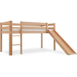 Bubema Sam – Kinder Hochbett, Buche massiv, mit oder ohne Rutsche, natur oder weiß lackiert - Mit Rutsche/Natur lackiert