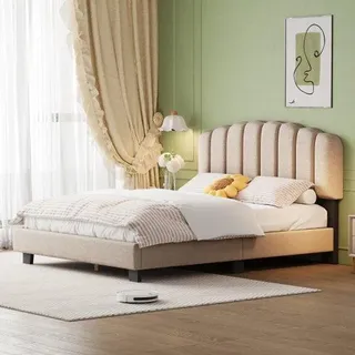 Minimalistisches Bett, 140 x 200 cm, Lattenrost, Unikat- Kopfteil, Verstellbarer Kopfteil, Linnen, Dunkelbeige, Schlaffläche
