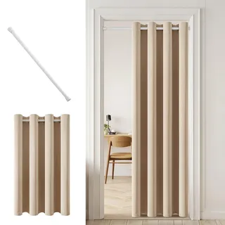 MIULEE Dunkelbeige Türvorhang mit Stange 1 Stück, Türvorhang Ohne Bohren H 200 x B 150 cm für Zimmer tür/Schrank, Thermo Vorhang Tür Abdunkelnde für Wohnzimmer Schlafzimmer, Weiß Stange B 70-130 cm