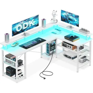 Gaming Schreibtisch LED 2 Steckdosen USB-Ladeanschlüsse Eckschreibtisch Weiß 150×102cm - Weiß