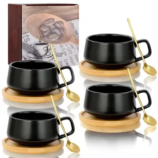 AOOTE Cappuccino Tassen mit Unterteller,4 Stück Espressotassen,320ml Kaffeetassen aus Steingut,Dickwandige Kaffeebecher,Cappuccinotassen Set für Tee,Espresso,Cappuccino und Latte (Schwarz)
