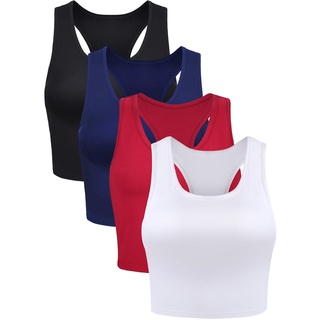 4 Stück Basic Crop Tank Tops Ärmelloses Racerback Crop Sport Baumwoll Top für Damen (Schwarz, Weiß, Weinrot, Marineblau, Large)