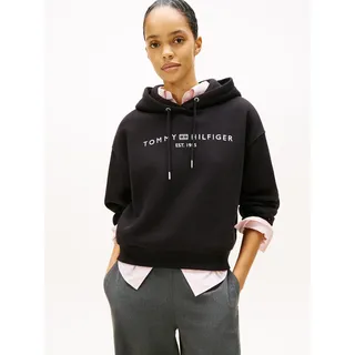 Kapuzensweatshirt TOMMY HILFIGER "CORP LOGO MDRN HOODIE", Damen, Gr. XL (42), schwarz, Sweatware, Obermaterial: 63% Baumwolle, 37% Polyester, bedruckt, regular fit, Rippbündchen, Sweatshirts Kapuzensweatshirt