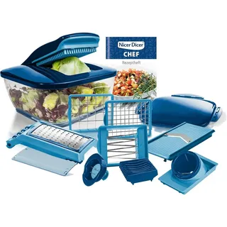 Genius Nicer Dicer Chef Gemüseschneider 15.tlg, Gemüsehobel für die Küche, Zwiebelschneider, Salatschneider Pommesschneider Wellenschneider - Blau