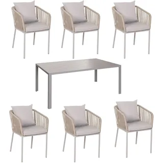 Mendler Gartengarnitur HWC-N41, Tisch+6xStuhl, wetterfest Alu 180x80cm, Seilgeflecht Rope ~ grau Kissen grau