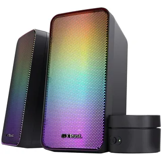 gxtrust Wezz 2.0 PC Lautsprecher mit RGB LED-Beleuchtung, 12W (6W RMS) | 3,5 mm AUX Klinke, USB Soundsystem, Stereo Computer Boxen für PC Laptop Tablet Desktop, Schwarz